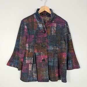 Damee Top Jacket L Pink Blue Artsy Colorful Lagenlook Woven Collar Maximalist